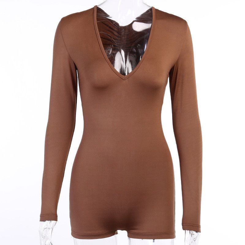 

Solid Color Pleating Waist-Baring Slim-Fit Deep V-neck Shorts One-Piece Brown S