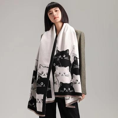 Neue Modemarke Niedliche Katze Damen Jacquard Pashmina Kaschmirschal Winter Dicke Wärme Schal Kältefest Winddicht Decke Schal