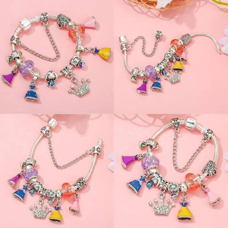 Colors Enamel Disney Princess Dress Charms Pulseiras for Girls Colorful Glass Beads Bracelets&Bangles Women Cartoon Skirt Dangle
