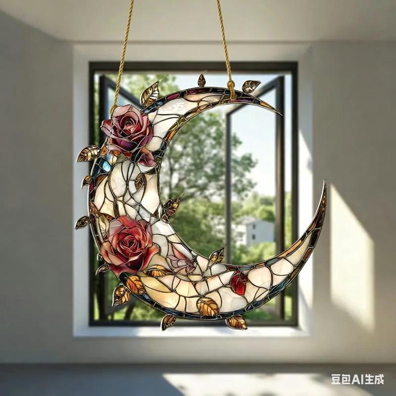 2D Flat Crescent Moon & Flower Acrylic Decoration Sign, Red Rose & Leaves Design, Home Decor Plaque Hanging Wall Art Decorative Garden Decoration for 19*18.5CM