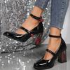Fashion Spring New Coarse Heel Single Shoes Women's Round Head Shallow Mouth One Word Buckle Anti-slip Wear-resistant High Heels