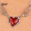 Chain Necklace Women Red Rhinestone Heart Pendant Skeleton Hand Shape