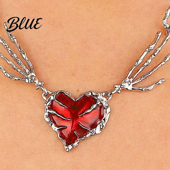 Chain Necklace Women Red Rhinestone Heart Pendant Skeleton Hand Shape