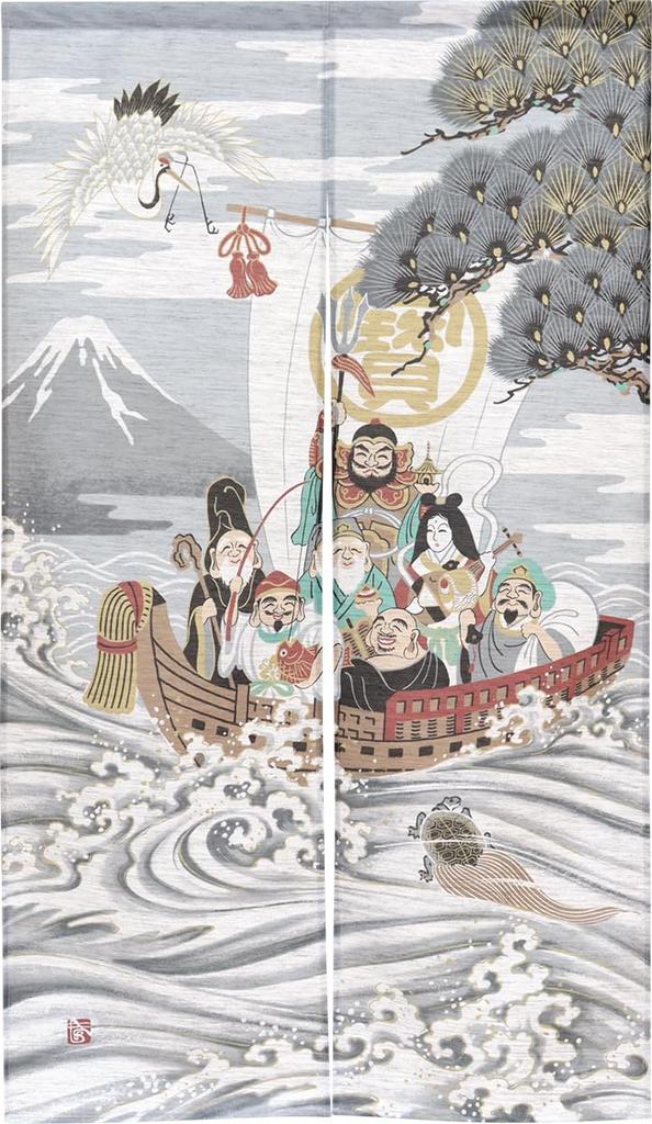 Noren Kobo Noren Traditional Auspicious 85cm Wide x 150cm and Seven Lucky Mohair 3031 Ukiyo-e Japanese-style Tapestry, Half-length Curtain, Design,