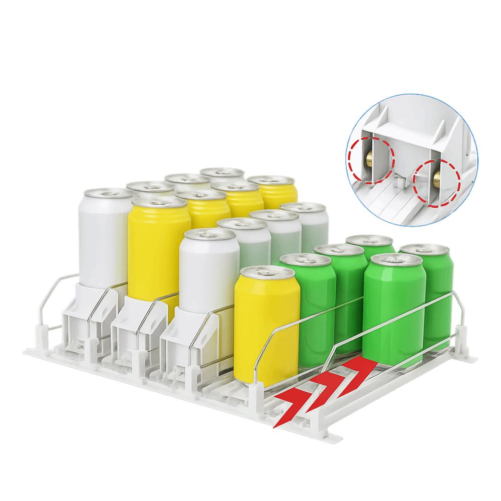 Self-Sliding Drinks Storage Rack Adjustable Width E-shaped Refrigerator Drink Organizer Spring Push Canned Beverage Shelf