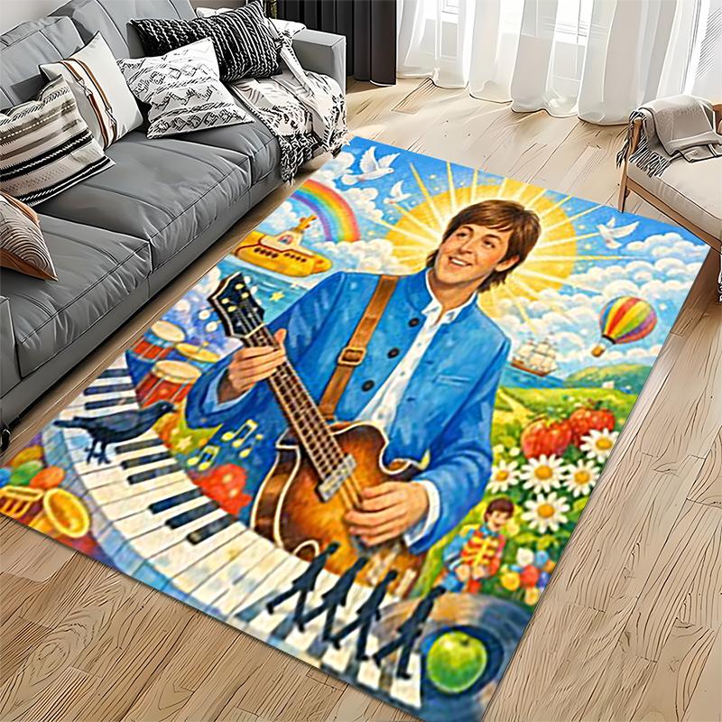 Pop Culture Area Rug, Paul McCartney Yellow Submarine Cartoon Rainbow Piano Poster, Playroom Decor, Non-Slip Mat