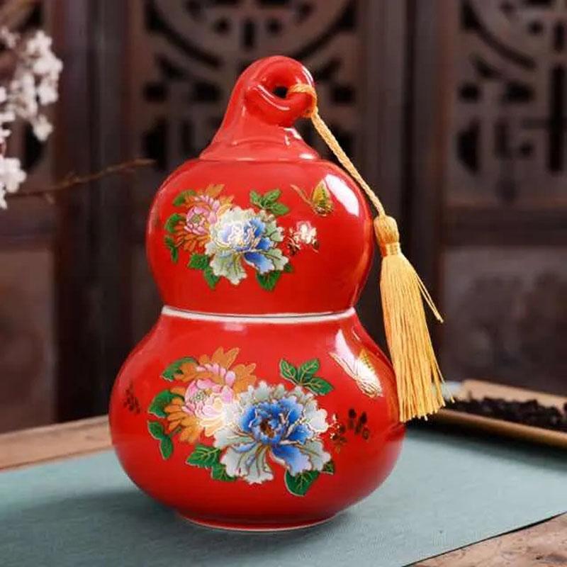 Gourd Shaped Double-layer Tea Caddy Ceramic Tea Storage Tank Non Woven Cover Sealed Tea Can Porcelain Ornaments Nut Storage Pot