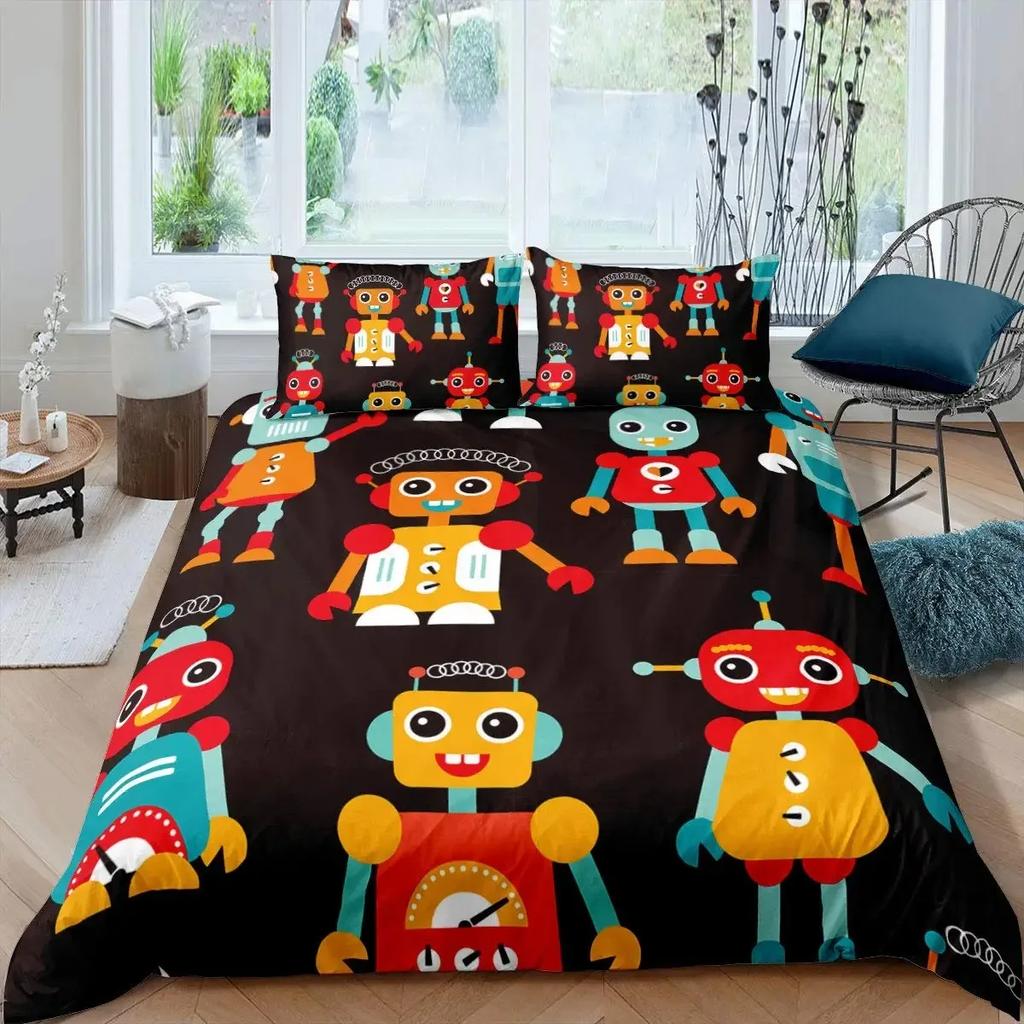 Robot Duvet Cover Set Boys Girls Watercolor Robot Quilt Cover Modern Cartoon Super Robot Pattern Bedding Set Comforter Cover Set