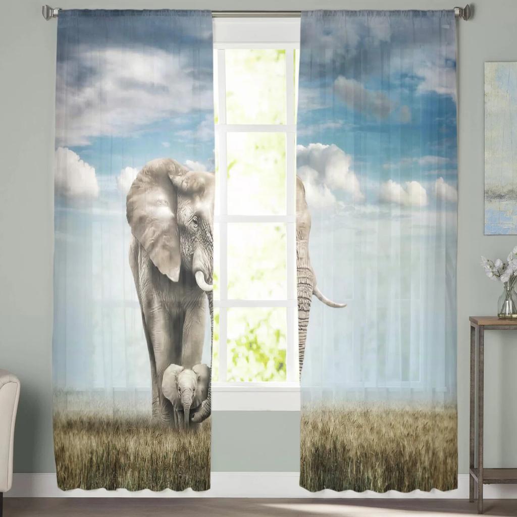 Tier-Elefant-Grasland-Tüllvorhänge für Wohnzimmer, Schlafzimmer, moderne, durchsichtige Chiffon-Küchenvorhänge
