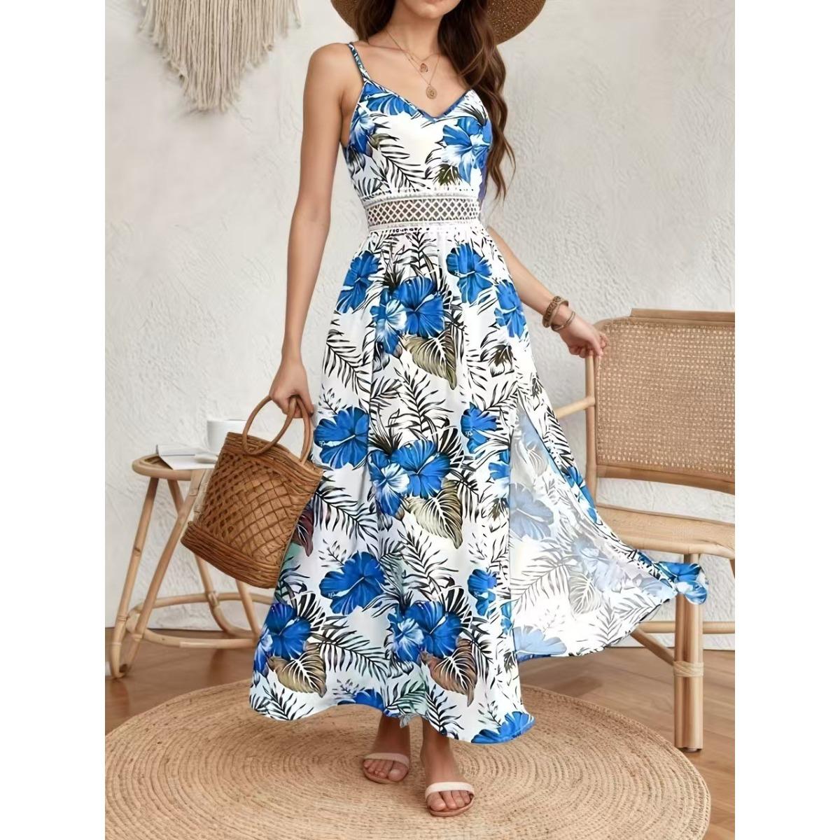 New Bohemian Print V-neck Lace Patchwork Slit Suspender Summer Dress for Women European and American Style S синий