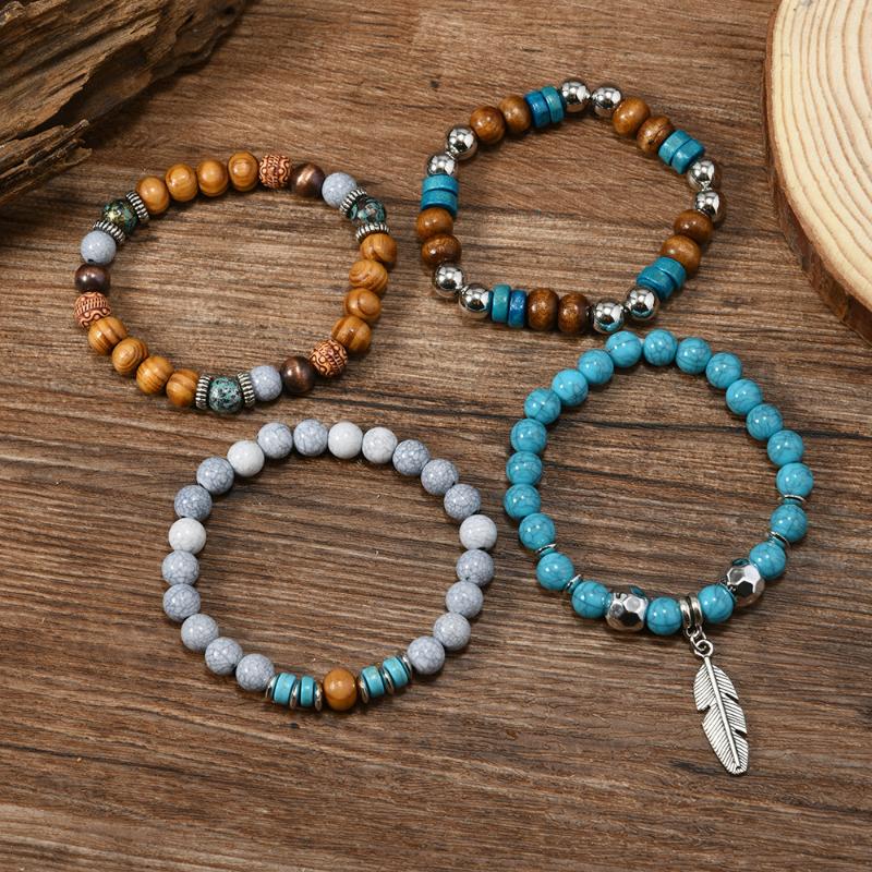 

4 шт./комплект Бохо Винтаж Многослойные Браслеты с Бусинами Для Мужчин Бирюзовые Этнические Браслеты из Натуральных Камней с Листьями Подарки Для Друзей