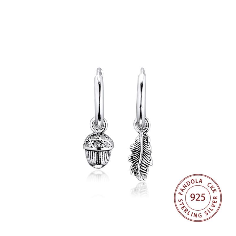 Authentic 925 Sterling Silver Acorn & Leaf Hoop Earrings for Women Clear CZ Ear Rings Fashion Jewelry