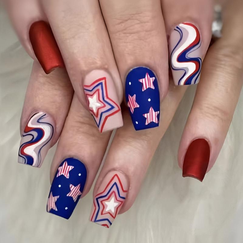 24 Pcs 4th of July False Nail Independence Day Artificial Nail Flag Day Full Cover Stick on Nail Square Press On Nail