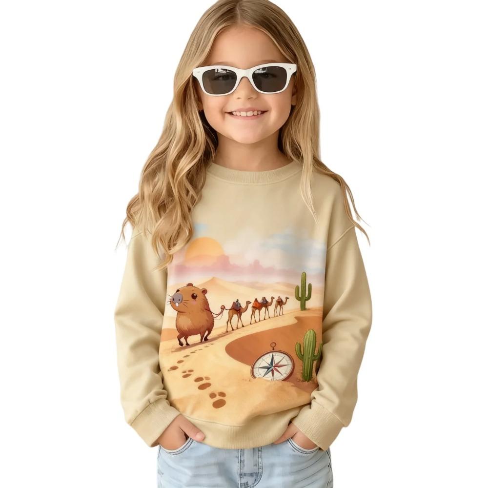 Spring and Autumn Round Neck Cartoon Capybara Pattern 3D Printed Top Fashionable Casual Long Sleeved Children's Girl T-shirts