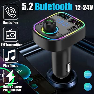 Caricabatteria Multifunzionale per Auto Trasmettitore FM Bluetooth 5.2 per Auto PD Tipo-C Doppio USB 3.1A Caricabatteria Rapido Multi Foro Luce Ambiente Colorata