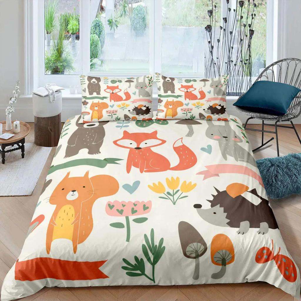 Cartoon Fox King Queen Duvet Cover Lovely Orange Animal Floral Bedding Set Kids Girls Flowers Plant 2/3pcs Polyester Quilt Cover
