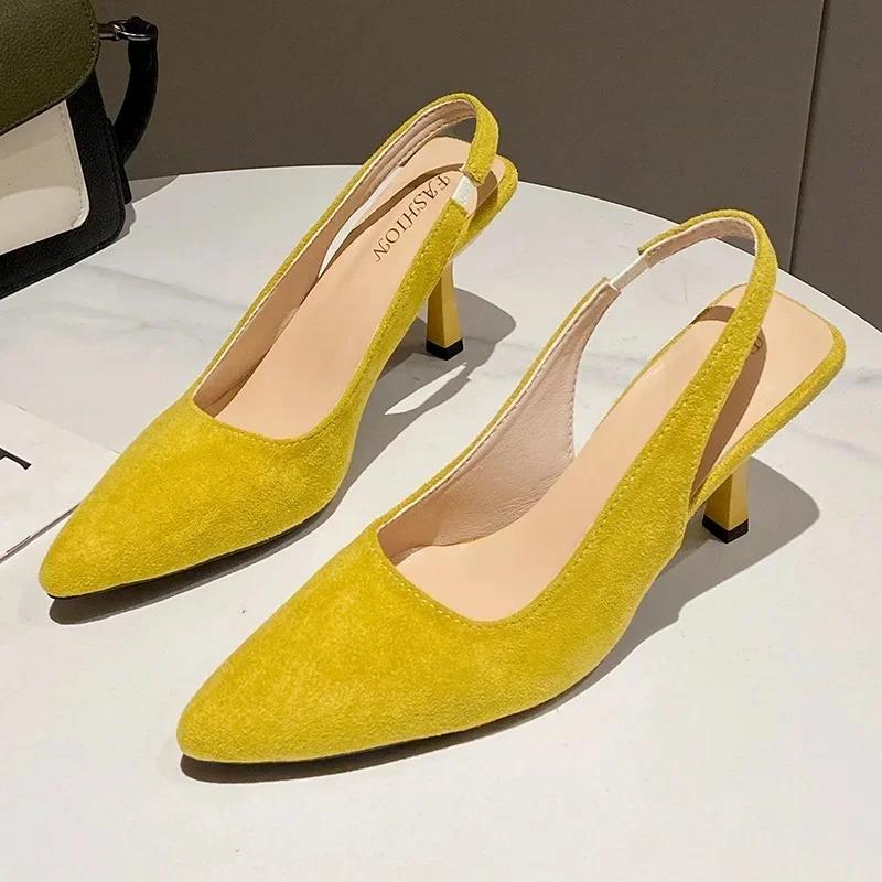 Modes franču stila sieviešu augstpapēžu kurpes 2025. gada vasaras jaunas elegantas mākslīgās zamšādas smailgalu seksīgas ballīšu sandales vienas kurpes liels izmērs 43