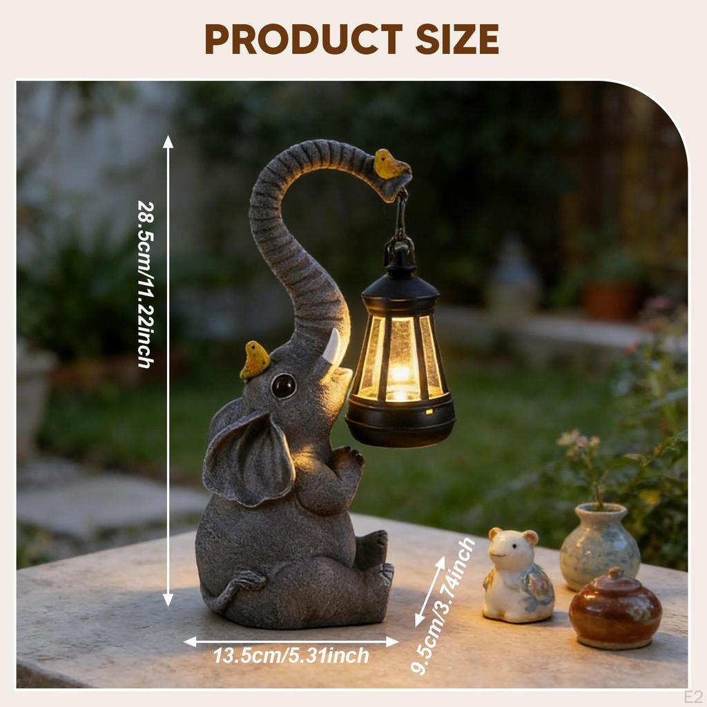 Elephant Outdoor Garden Statue Ornament with Solar Lantern Resin Craft Lovely Landscape Lamp