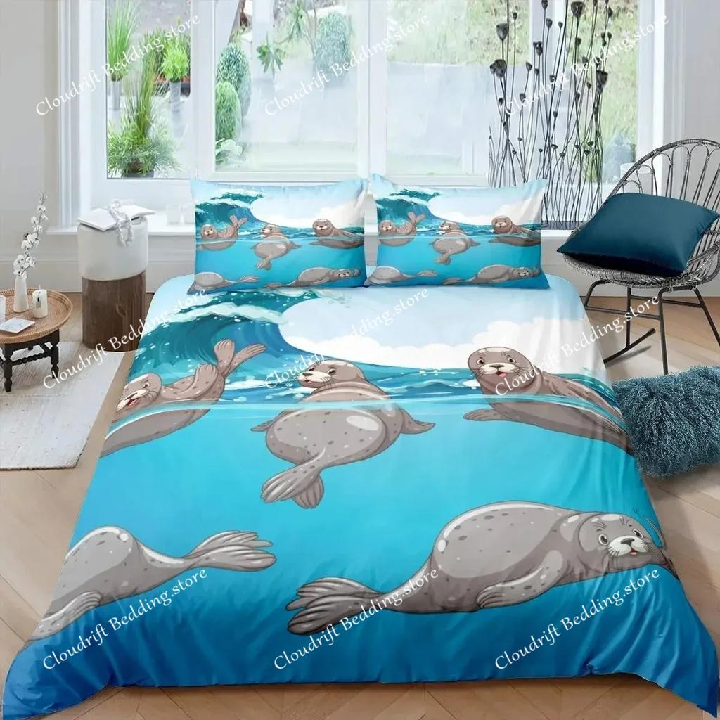 Siegel Bettbezug King Size Schönes schwimmendes Siegel Bettwäsche-Set Niedlicher Ozean Exotischer Stil Meeresleben Polyester Deckenbezug