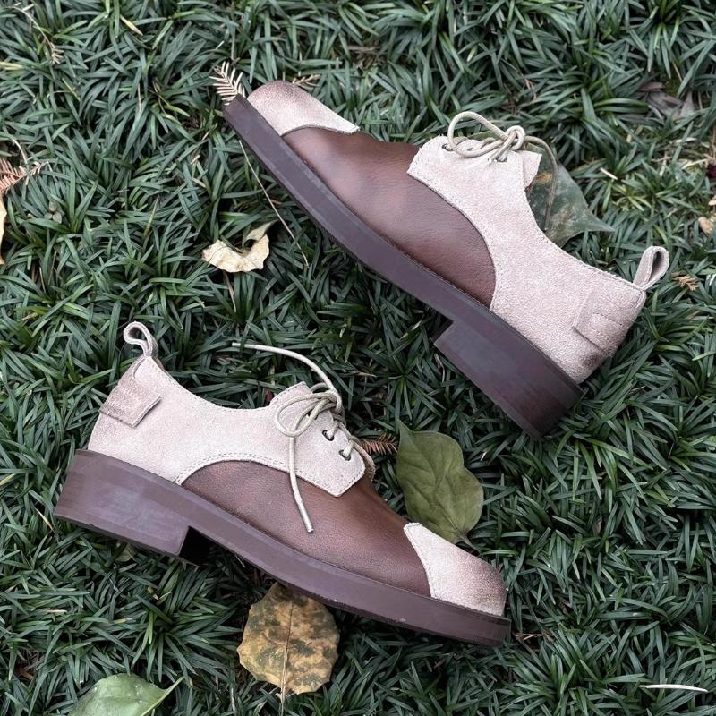 Fashion Retro British Style Leather Shoes Women Fashion Lace Up Patchwork Designer Shoes Comfortable Non Slip Chunky Heel Casual Shoes