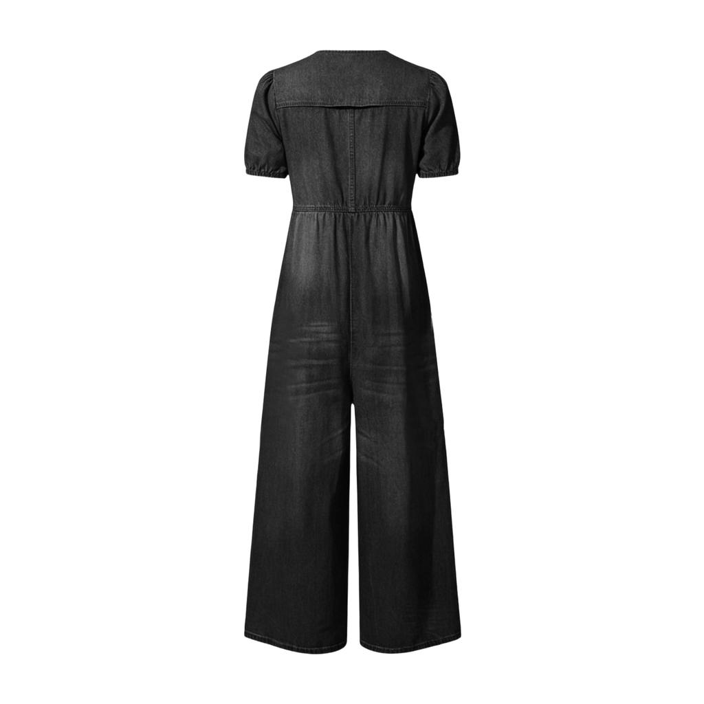 Tuta Corta in Denim Casual da Donna con Scollo a V e Vestibilità Larga