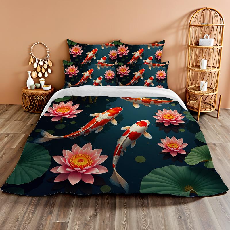 

3D Digital Printing Bedding Two Or Three-Piece Set Koi Rich Flower Polyester Quilt Cover EU single 135*200