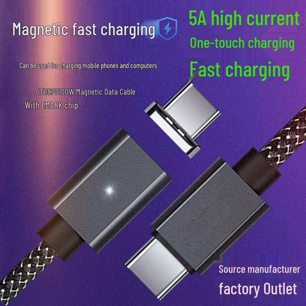Dual-Head Type-C 100W Magnetic Data Cable for Fast Charging Phones & Laptops