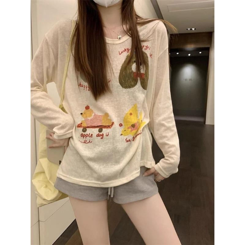Loose Thin Sun Protection Long Sleeve T Shirt Cute Cartoon Dog Print Casual Top