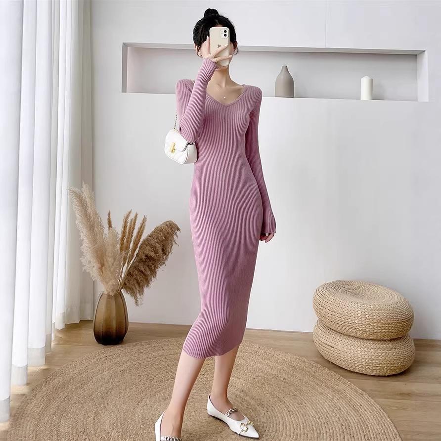 2026 Spring/Fall Women's Slim Fit Knit Dress: Over-the-Knee Hip Hugging Sweater Skirt