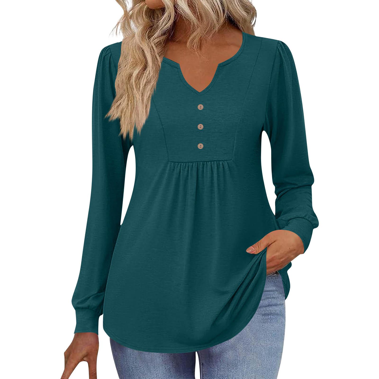 

Women s Casual Solid Color Small V-Neck Loose Button Long Sleeve T-Shirt Top 2XL зелений