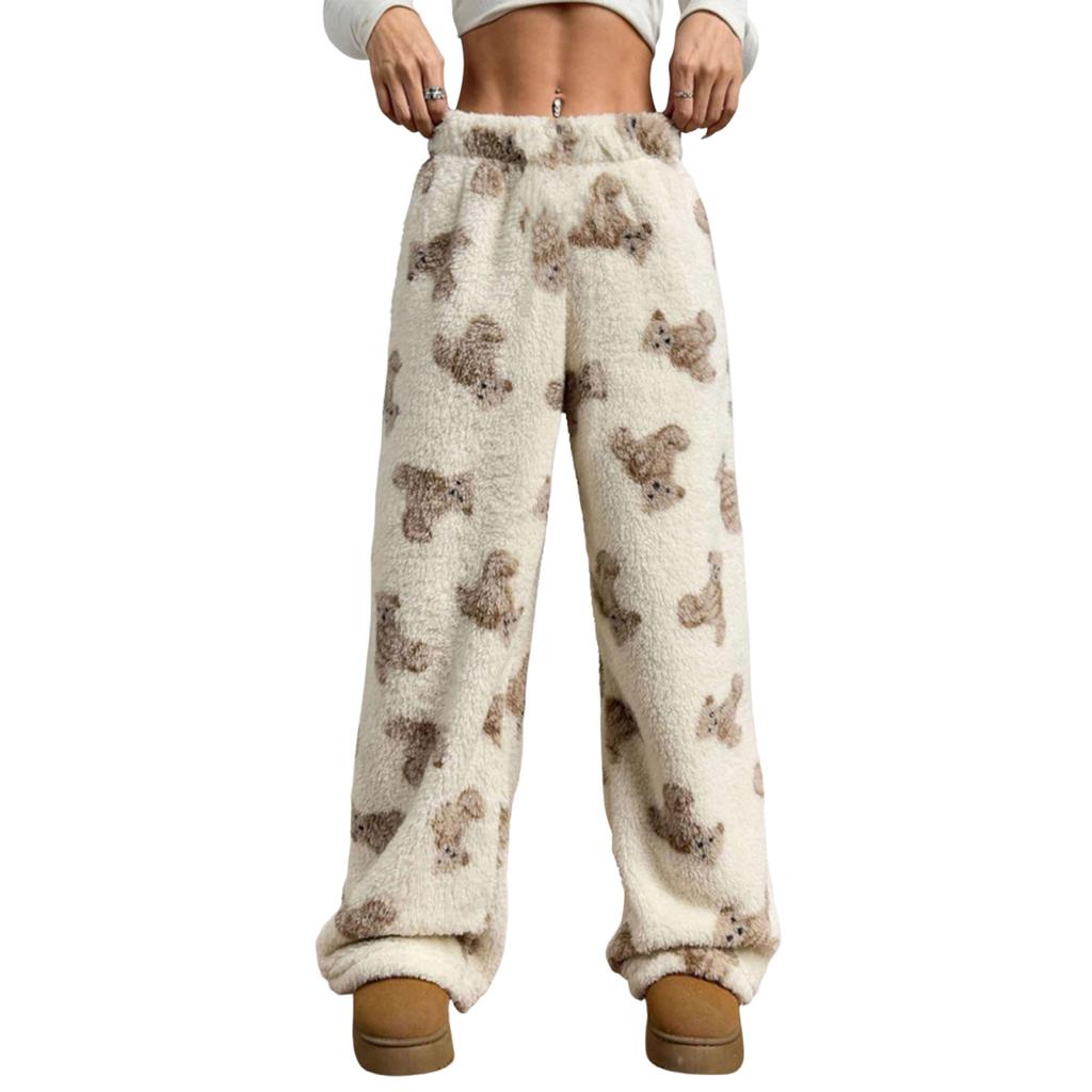 Pantalon de Pyjama en Peluche Ours Mignon pour Femmes Jambe Large Pantalon Décontracté en Peluche