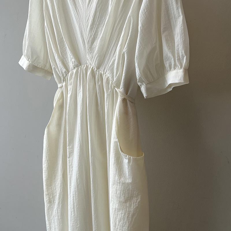 Vintage V-neck Pleated Dress Summer Women's Temperament Tie Waist Mid-length Dress