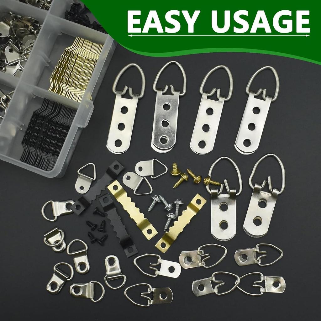 415Pcs Picture Hangers Kit, 7 Sizes D Ring Hangers Sawtooth Hangers Assorted Kit with Screws Boxed Metal Accessories for Wall Mounting Heavy Picture