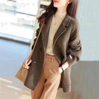 New Autumn and Winter Pure Handmade Mid-length Double-sided Wool Jacket Small Suit Collar Wool Loose Plaid Coat for Women