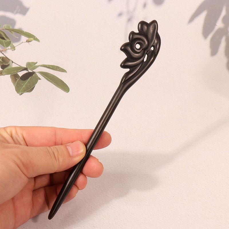 Exquisitely Carved Ebony & Sandalwood Hairpin - Ancient Chinese Style Accessory for Updos and Hanfu Headdress