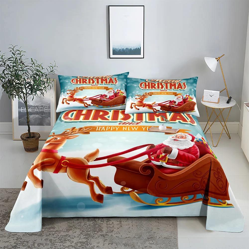 Merry Christmas Bed Sheet Set with Pillowcase 3D Print Santa Claus Home Decor New Year King Queen Full Size Red Bed Flat Sheet