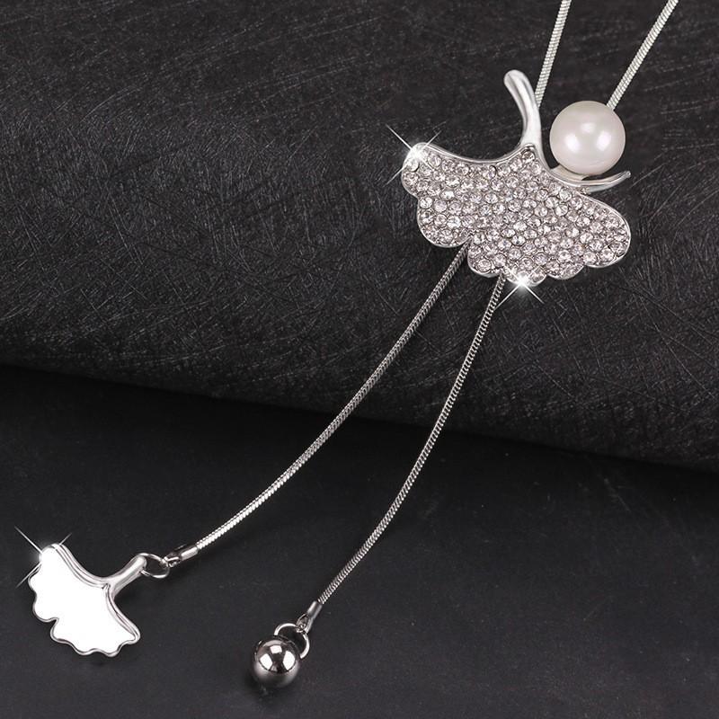 Long Stylish Ginkgo Leaf Sweater Chain Necklace For Women With Charming Detail Pearl