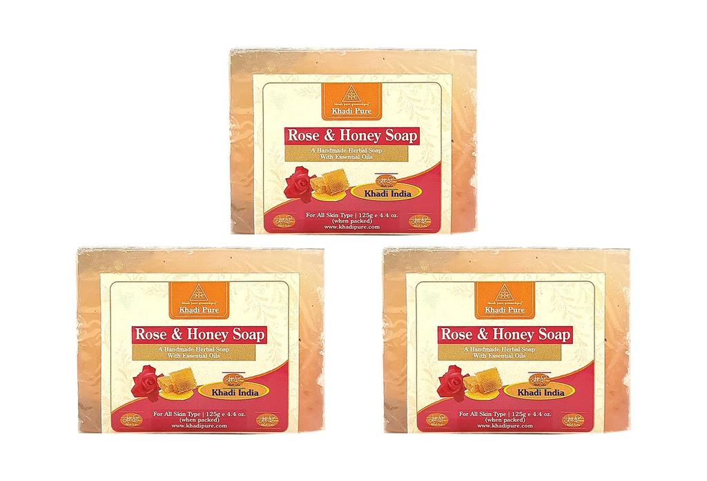 Khadi Pure Herbal Rose & Honey Soap, 125 G (Pack of 3),Red