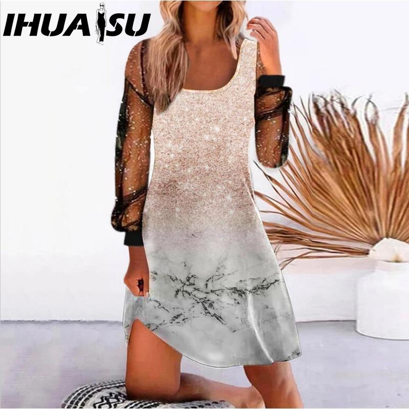 IHUASU Mote for kvinner Vår Høst Ensfarvet Trykk Langermet U-hals Høy midje Casual Kjoler