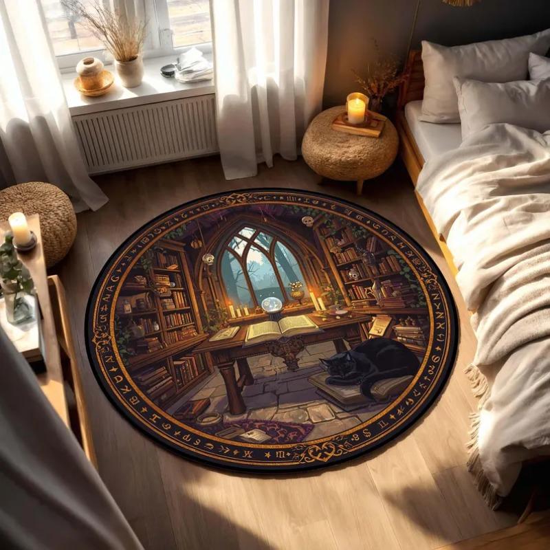3D Effect Printed Spiral Staircase Round Carpet Vintage Castle Library Rug Medieval Style Home Decor Absorbent Non-Slip Doormat