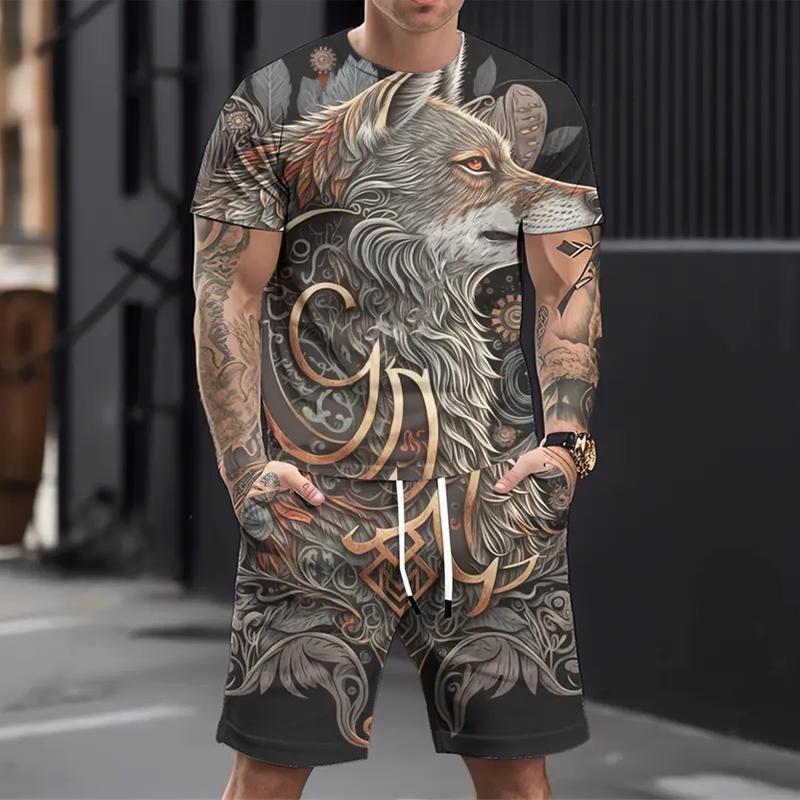 Men's Casual Sports Suit Printed 3D Fierce Wolf Pattern Suit, Summer Casual Breathable Suit