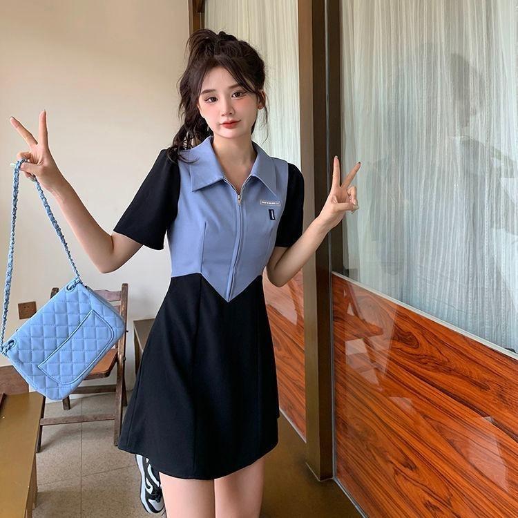Chic French Waist Dress Summer Women Polo Collar Gentle Wind