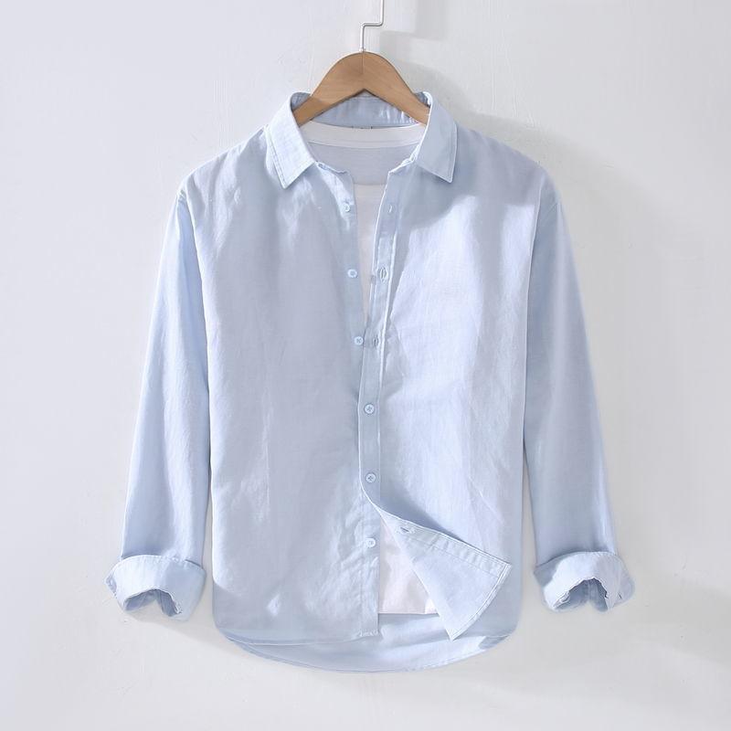 Camping Spring Summer Linen White Long-Sleeved Shirt, Men's Cotton&Linen Shirt, Business Casual, Comfortable Loose Blouson