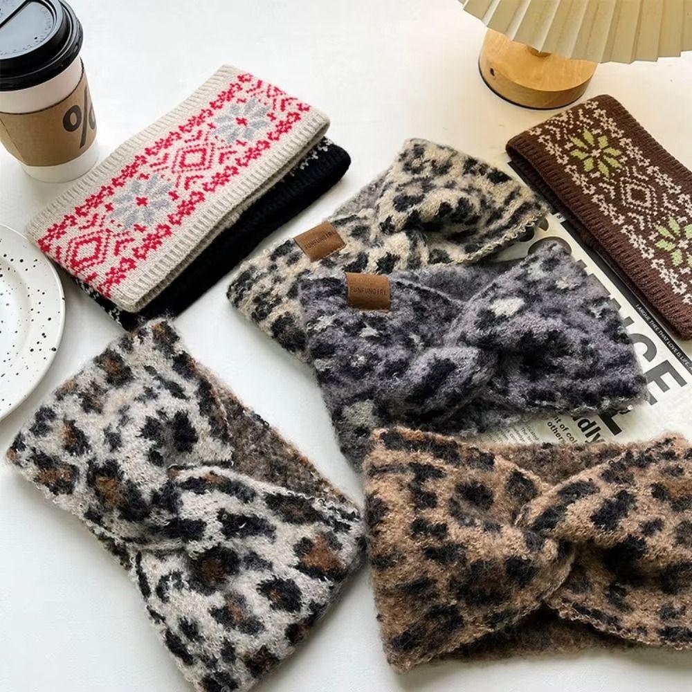 High Elasticity Leopard Print Headband Soft Turban Headwrap Knitted Headcover  Winter Season