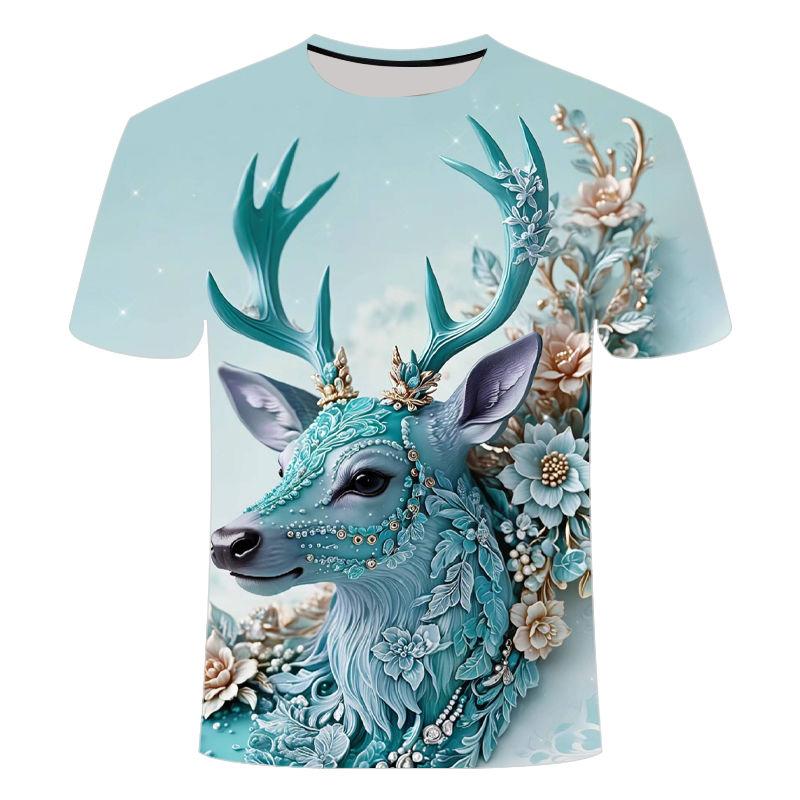 Summer Elk 3D Pattern Short Sleeve T-shirt Loose Summer Trendy Fashion Men's and Women's Round Neck T-shirt