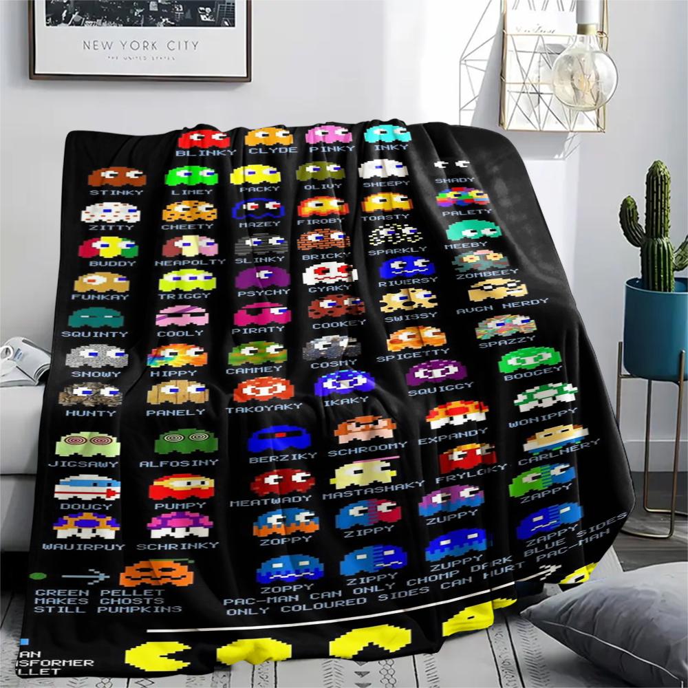 1PC Pac Man Print Flannel Blanket, High Quality Comfortable for All Seasons, Home Decor, Warmth and Comfort, Perfect for Christmas Gifts