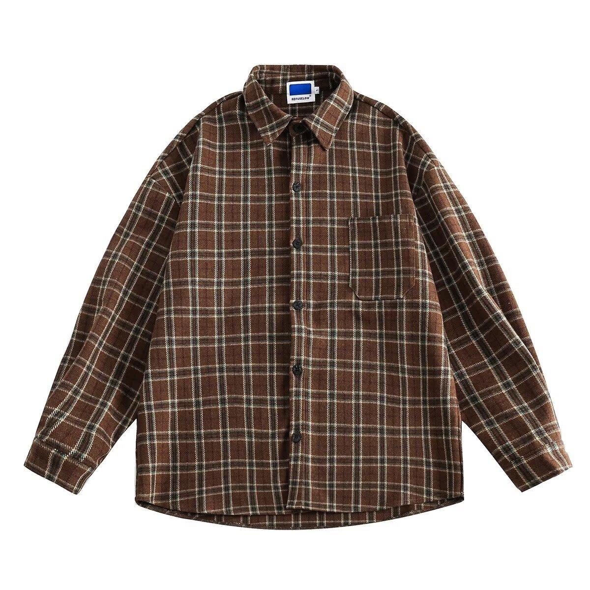 

Американская повседневная коричневая клетчатая рубашка, пальто для мальчиков и девочек, блузка в студенческом стиле, простая свободная ретро-блузка с длинными рукавами 2XL