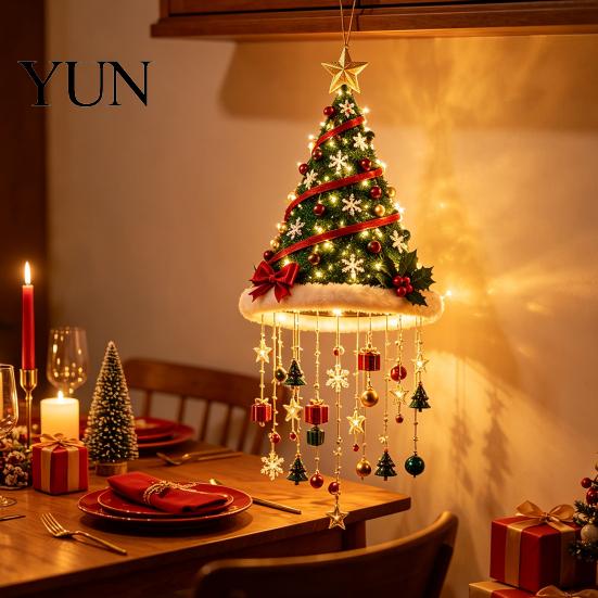 Staggered Light Pendant Lighted Christmas Ceiling Hanging Decor, Pre-Lit Tree Bell with LED Warm LED, Porch Doorway Holiday Ornament, Indoor