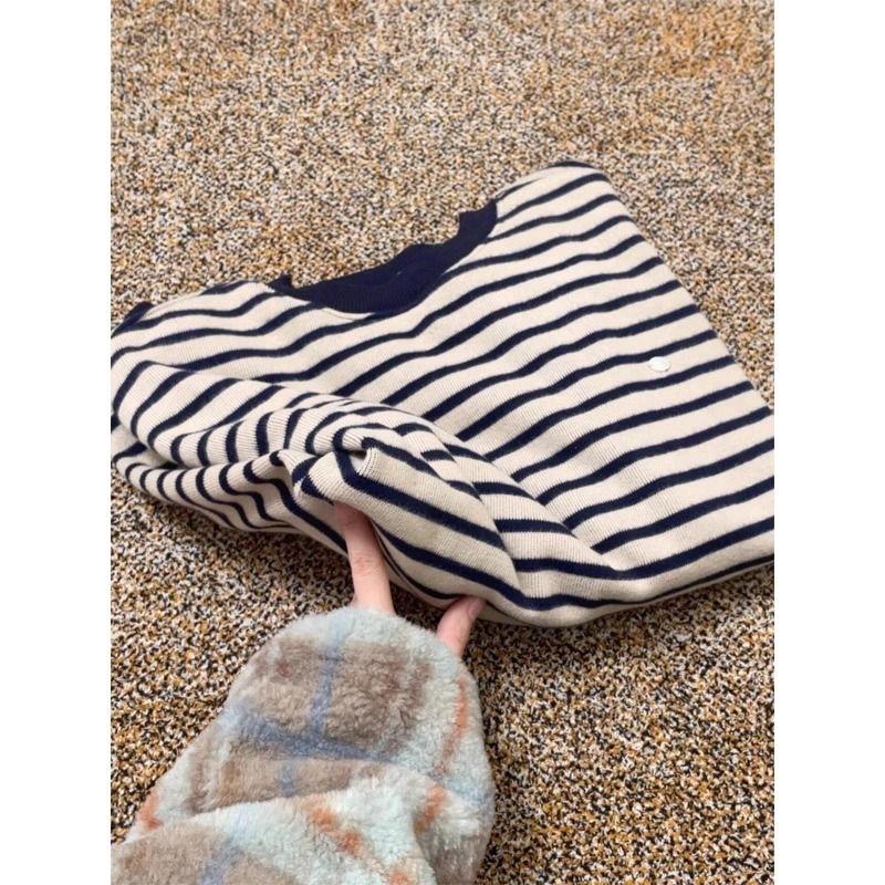 Striped crew neck sweater women's spring and autumn new American retro hatless casual loose lazy long-sleeved top