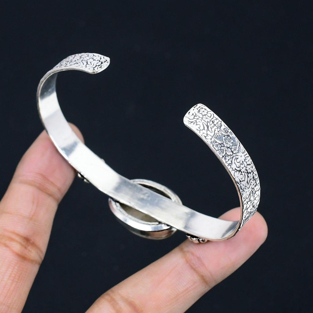 Natural Fossil Coral Gemstone 925 Sterling Silver Bangle Adjustable For Girls